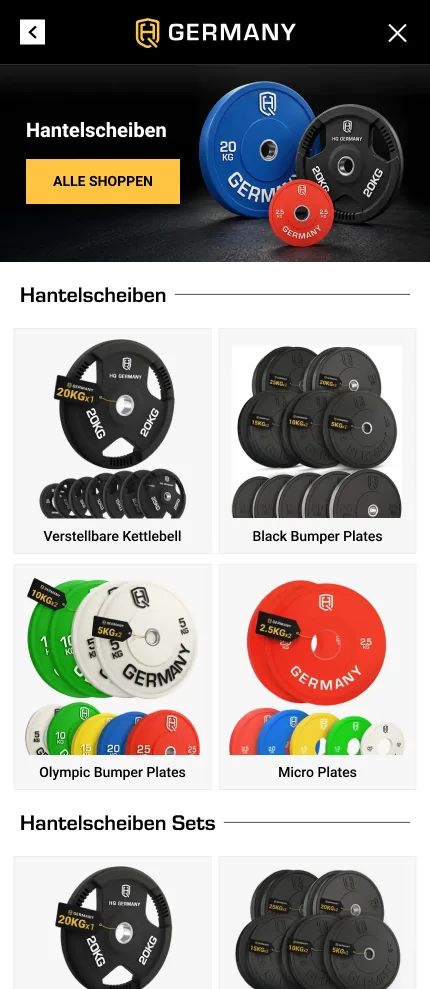 HQ Germany: mobiles Menü mit Kategorien als Produktkacheln