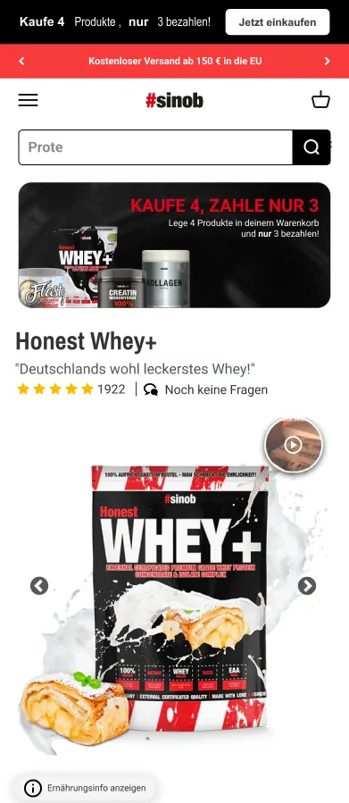 sinob: Produktseite mit Probepackung und Mengenrabatt