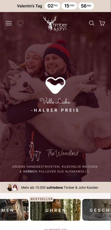 Timber & John: Startseite zur Valentinstags-Aktion, mobil