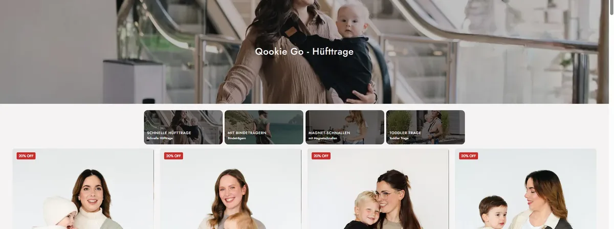 Qookie Sortimentsseite Desktop: Kacheln mit Eigenschaften wie Schnelle Hüfttrage, Mit Bindeträgern, Magnet-Schnallen und Toddler Trage