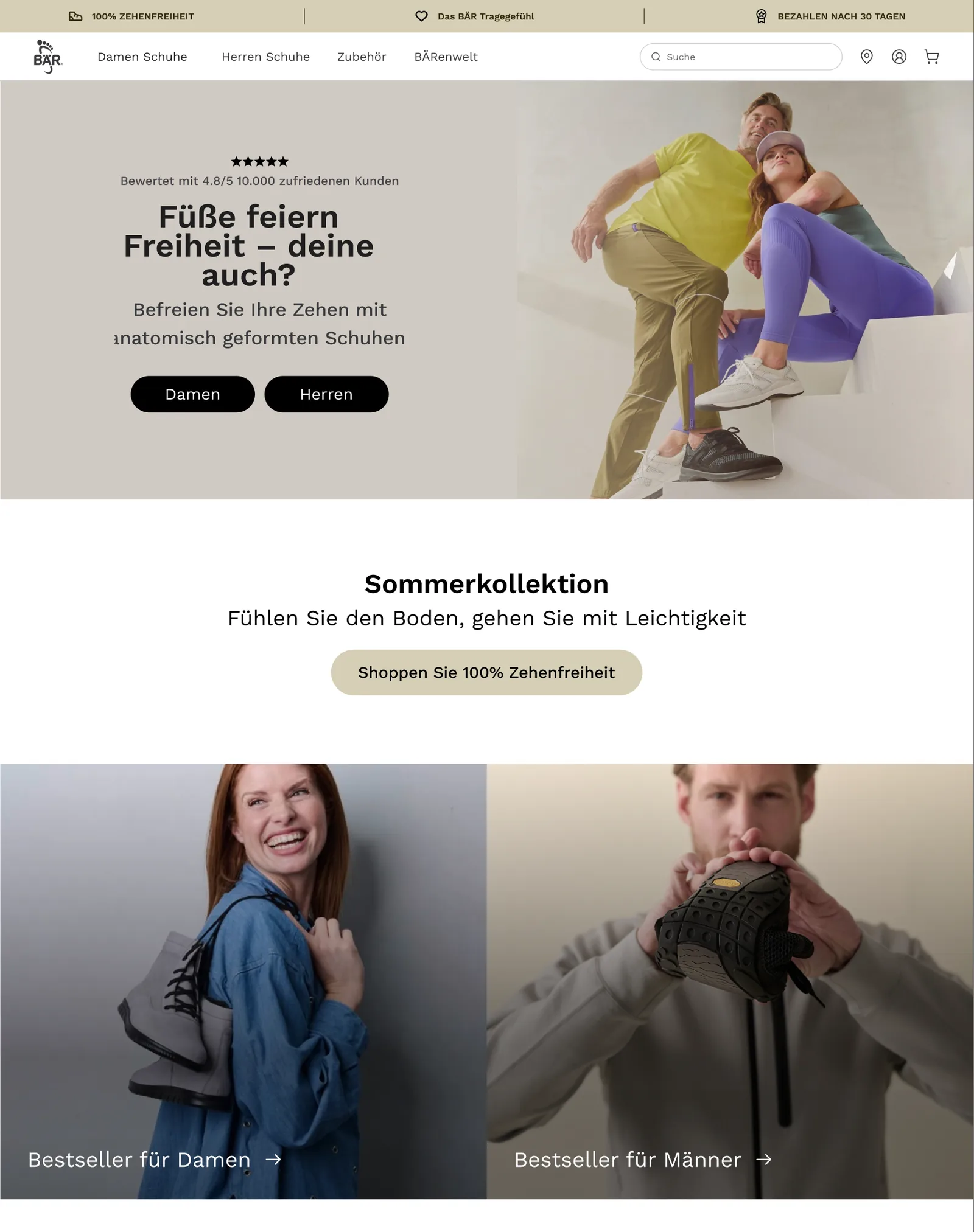 Entwurf der Startseite von BÄR Schuhe in der Desktop-Ansicht: Titelbild mit Bewertung und den Knöpfen Damen und Herren, darunter die Sommerkollektion und Bestseller für Damen und Männer