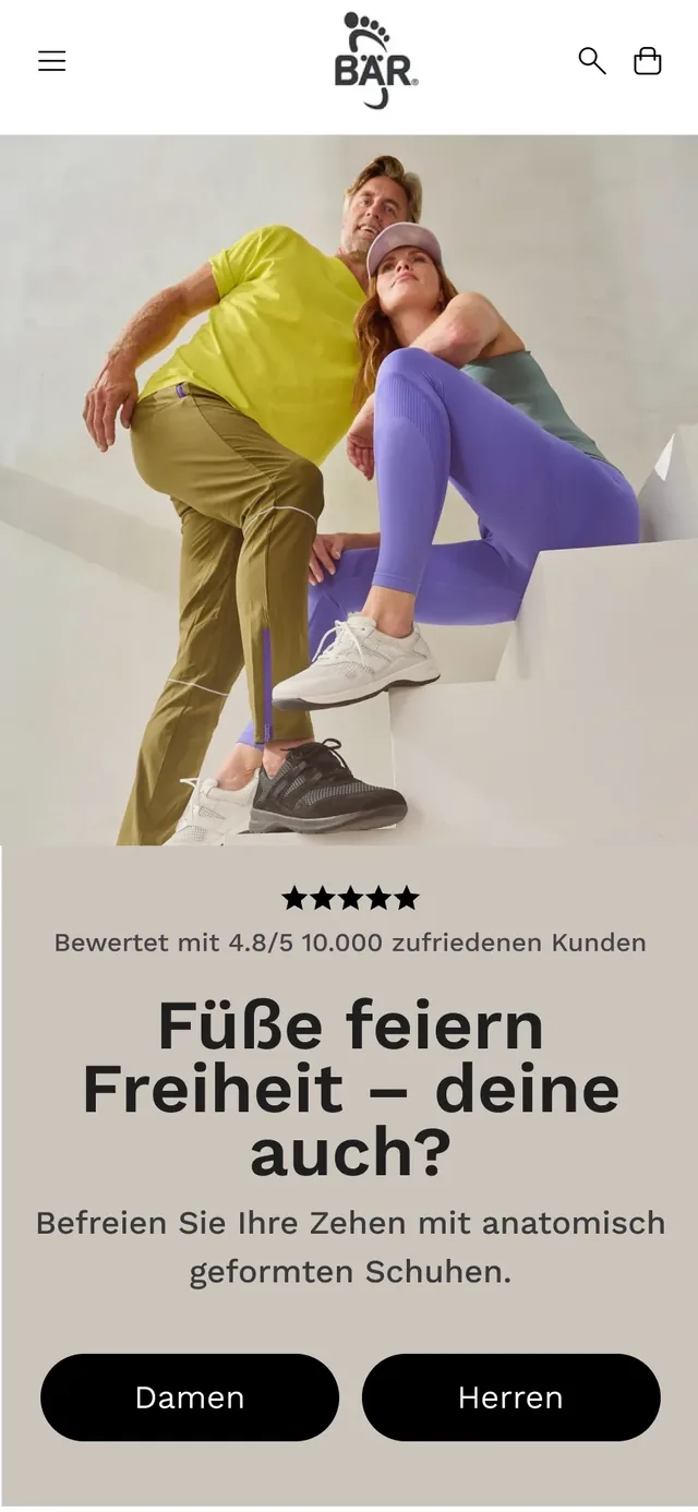 Entwurf der Startseite von BÄR Schuhe in der Handy-Ansicht: Titelbild mit Bewertung, Überschrift und den Knöpfen Damen und Herren