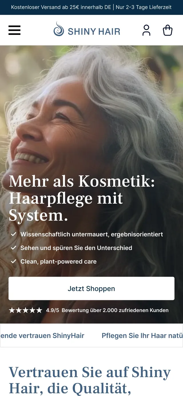 Entwurf der Startseite von Shiny Hair in der Handy-Ansicht: Titelbild mit Überschrift, drei Vorteilen, Knopf „Jetzt Shoppen“ und Bewertung