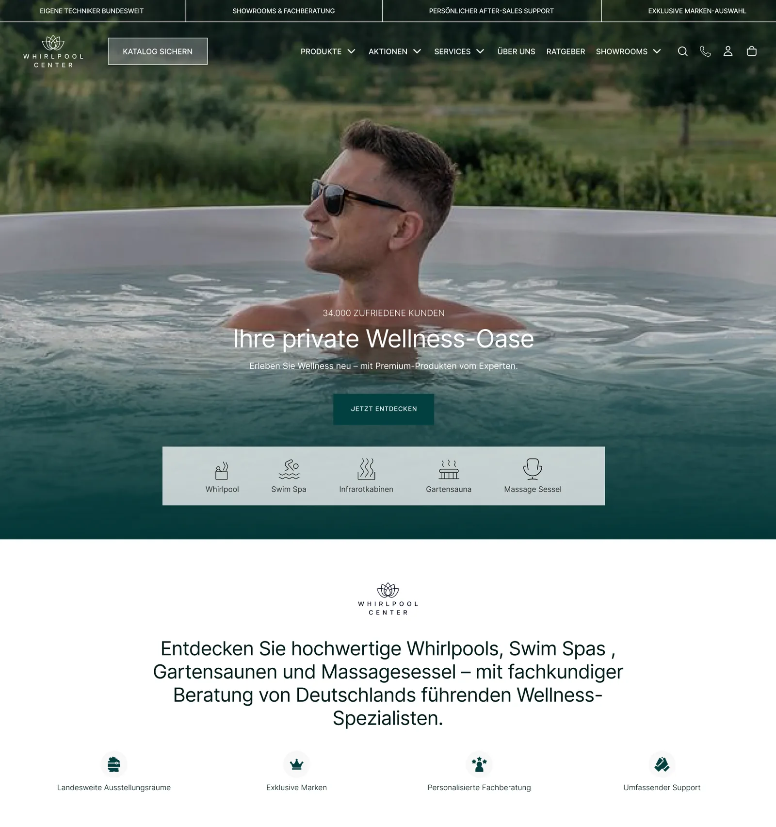 Entwurf der Startseite von Whirlpool Center in der Desktop-Ansicht: Titelbild „Ihre private Wellness-Oase“ mit einer Leiste der Produktkategorien, darunter eine Einleitung mit vier Vorteilen