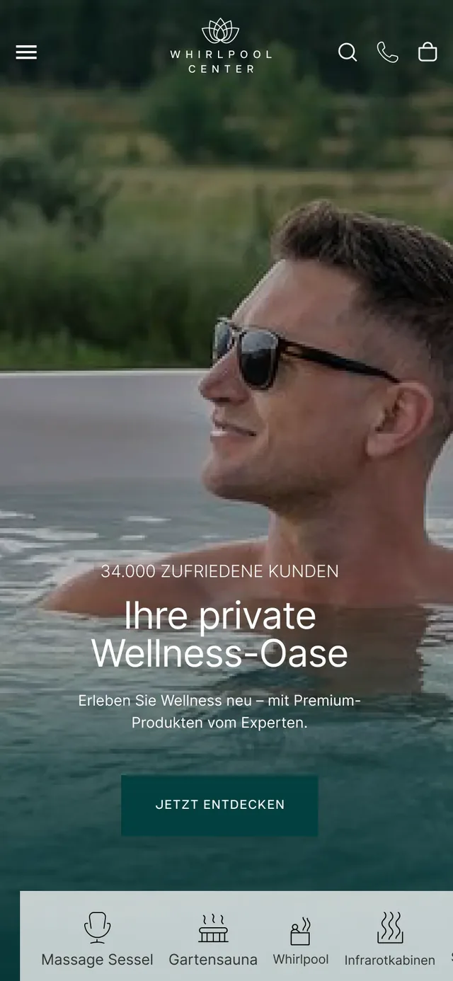 Entwurf der Startseite von Whirlpool Center in der Handy-Ansicht: Titelbild „Ihre private Wellness-Oase“ mit Knopf und einer Leiste der Produktkategorien